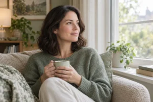 Woman relaxing by a sunny window with a cup of tea