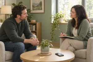 Two adults talking in a calm counseling room